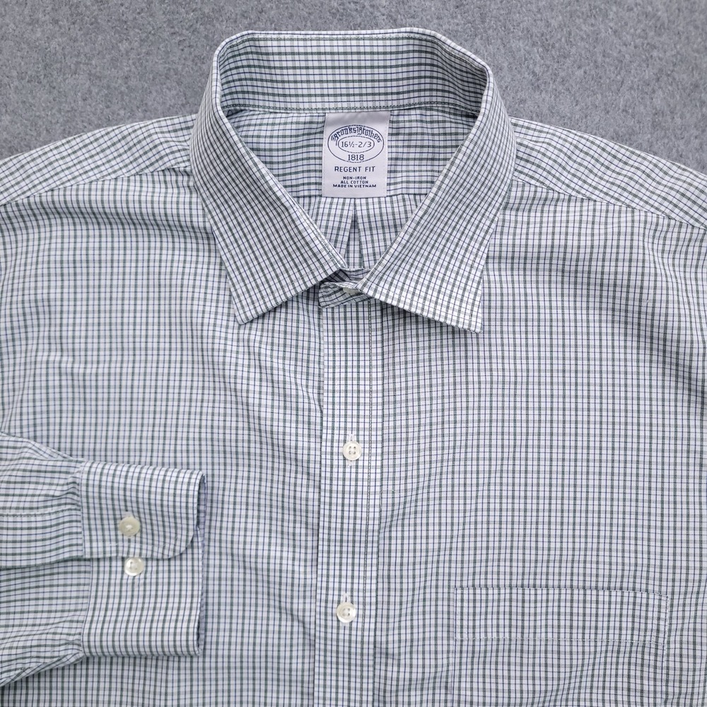 Brooks Brothers Dress Shirt Men 16.5 32/33 Regent Fit Non Iron White Green Plaid